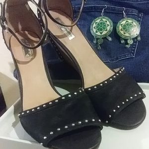 Genuine leather upper-Studed peep toe wedges